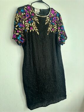 Vintage Black Mini Dress with Multicolor Sequin Floral Embroidery